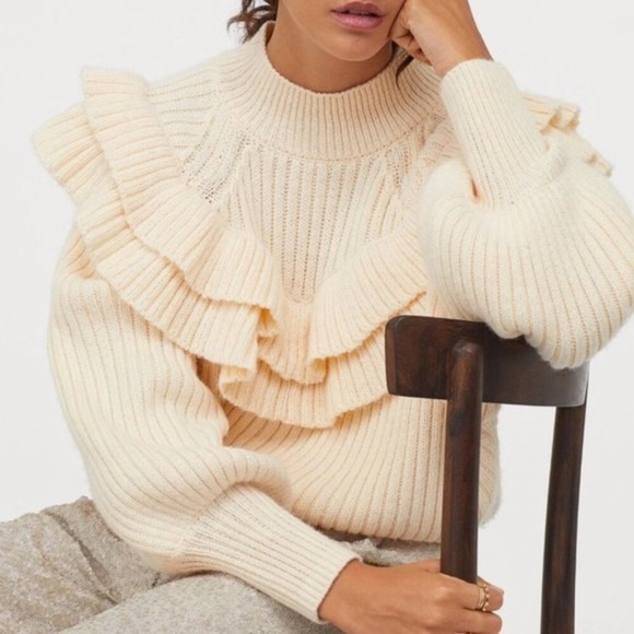 H&M Ruffle Chunky Knit Mock Neck Sweater Cream Ivory Medium - Picture 10 of 11